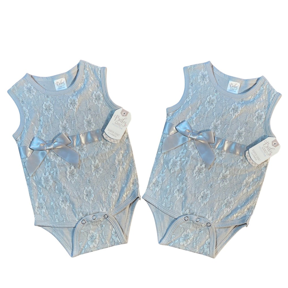 Baby Ganz Collection Two Silver Lace Bow Onesie 0 to 6‎ Months Twins Holiday
